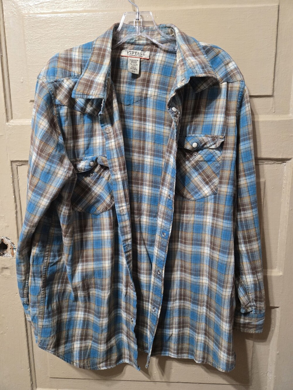 Vintage By Route 66 Blue Plaid Pearl Snap Button Up 100% Cotton Shirt